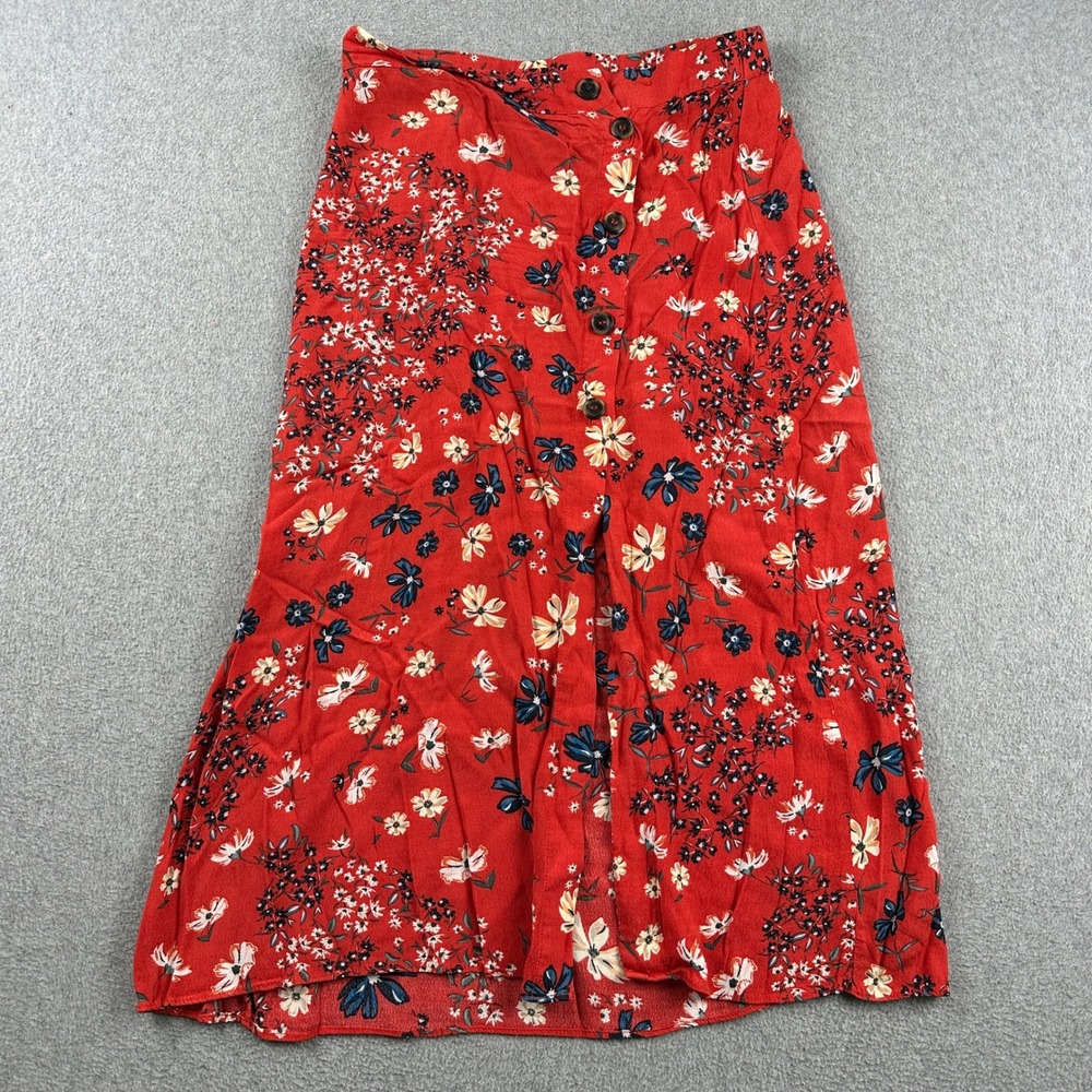 H&M Skirt Womens 4 Midi Red Floral Button-Down Viscose